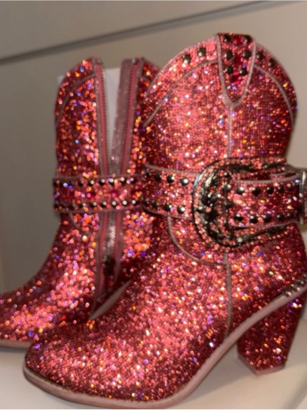 Dolls Kill Pink Rhinestone Cowgirl sparkle buckle western festival ankle boot 9